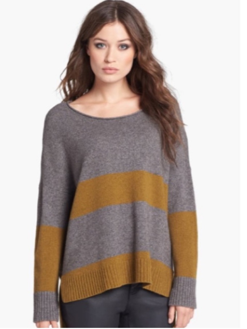 Eileen Fisher Crewneck Gray & Mustard Wide Stripe Yak & Wool Sweater XS
